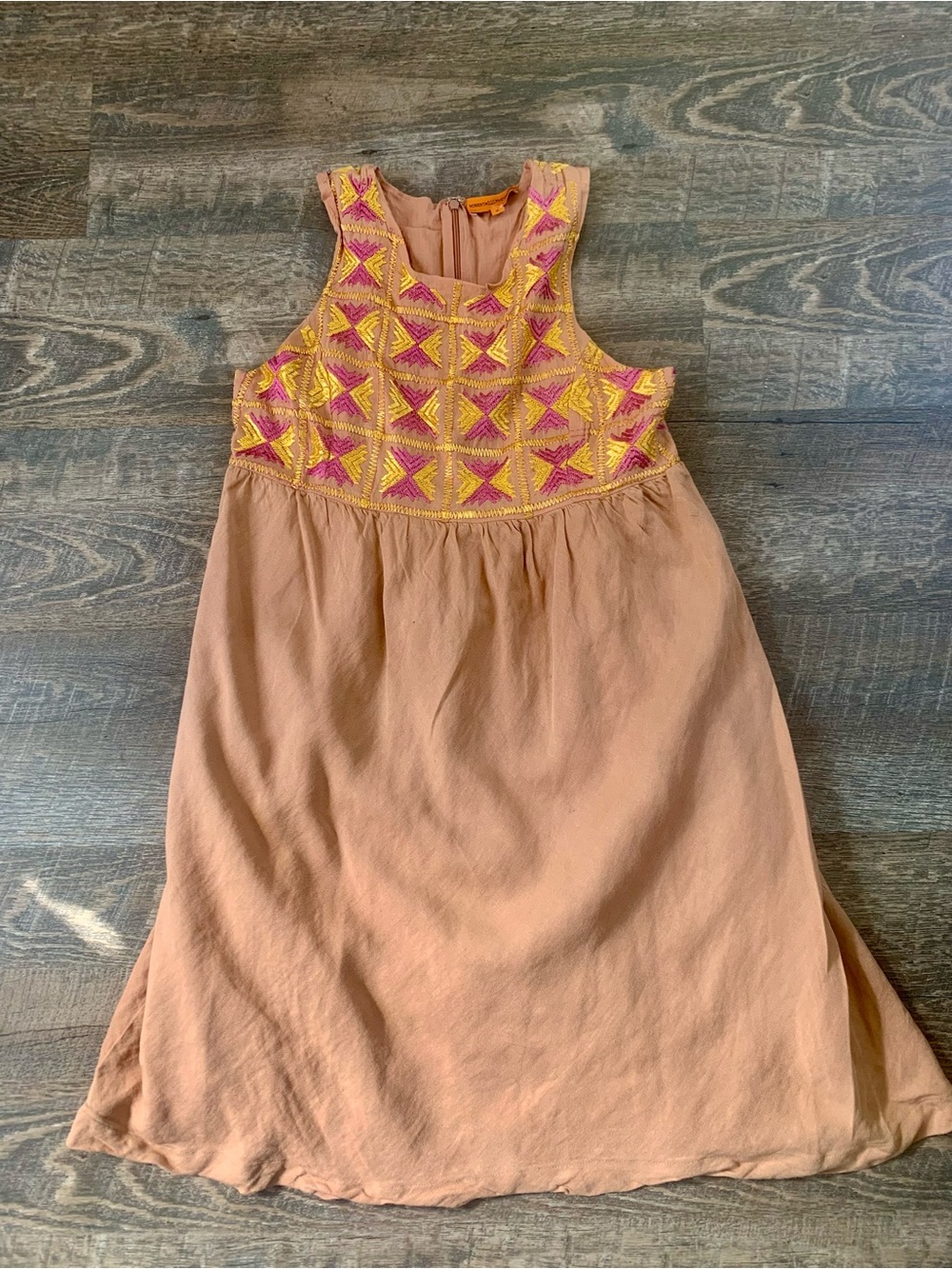 Women’s  Tan Linen Lined Embroidered Bodice Dress